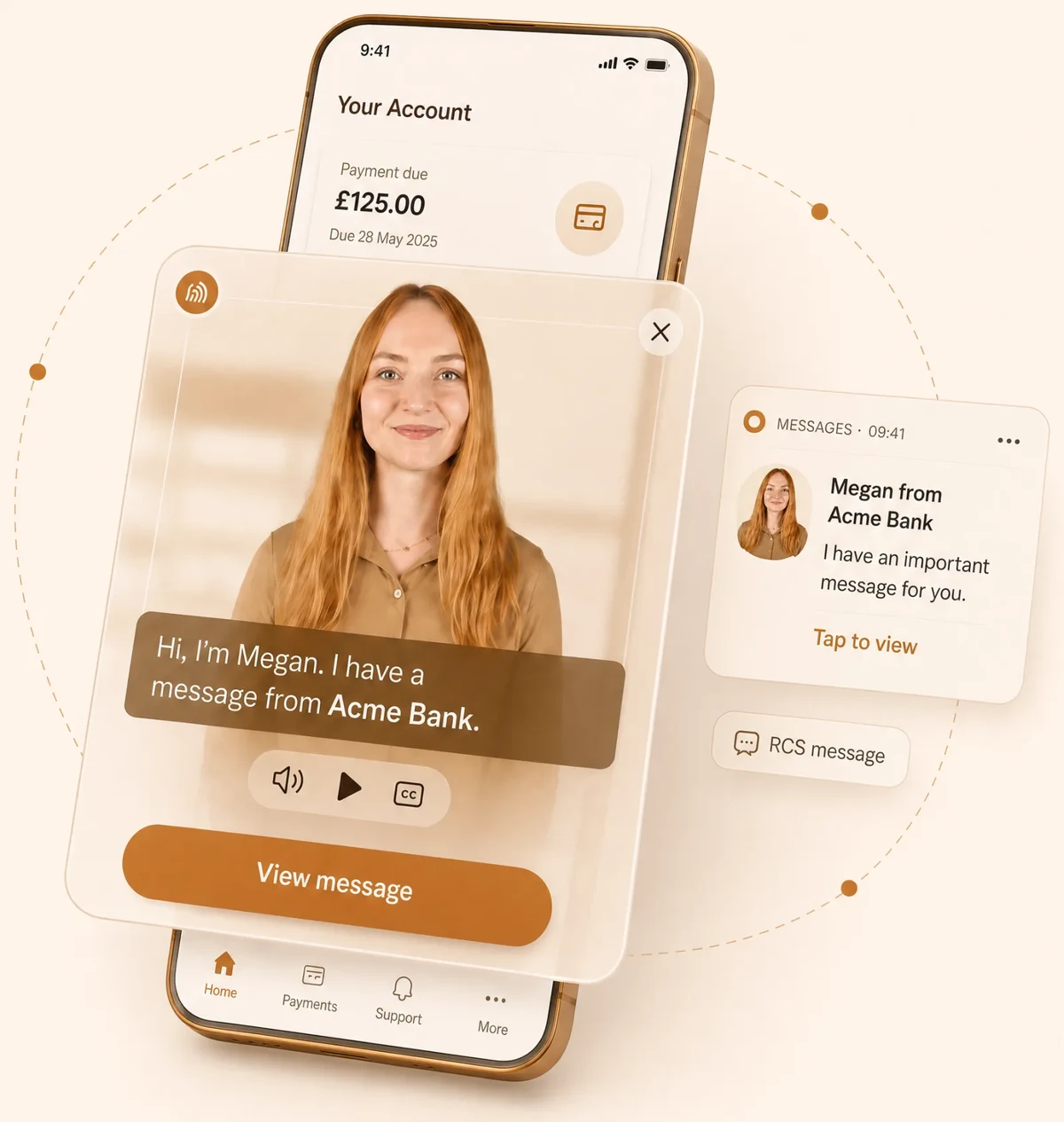 A 2mee human video message from Megan appearing inside a customer's banking app, with an RCS message preview alongside