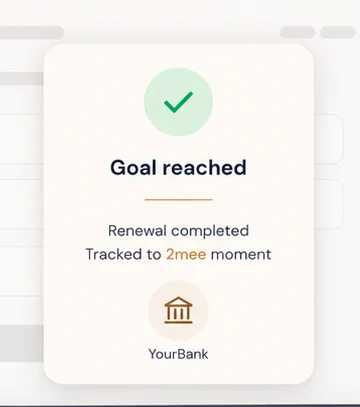 A Goal reached card confirms the renewal, tracked to the Human Moment.