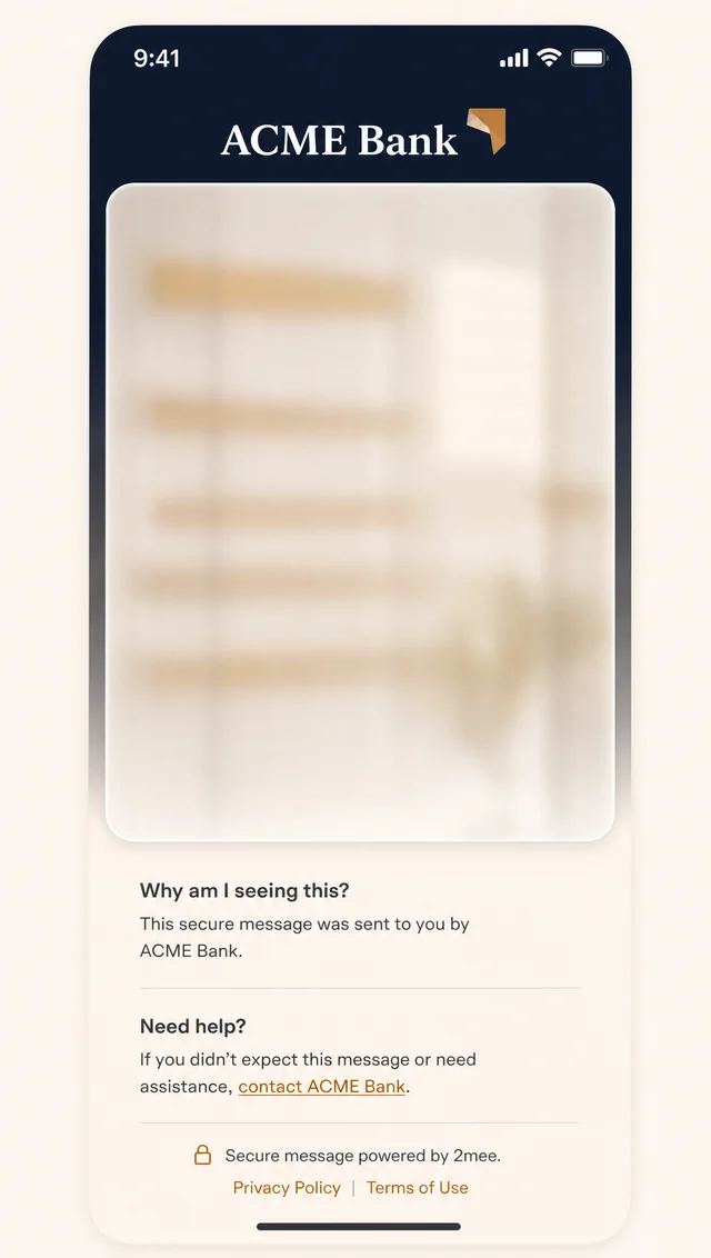 The hosted 2mee page: a real person delivers a secure message from ACME Bank, ending with View message