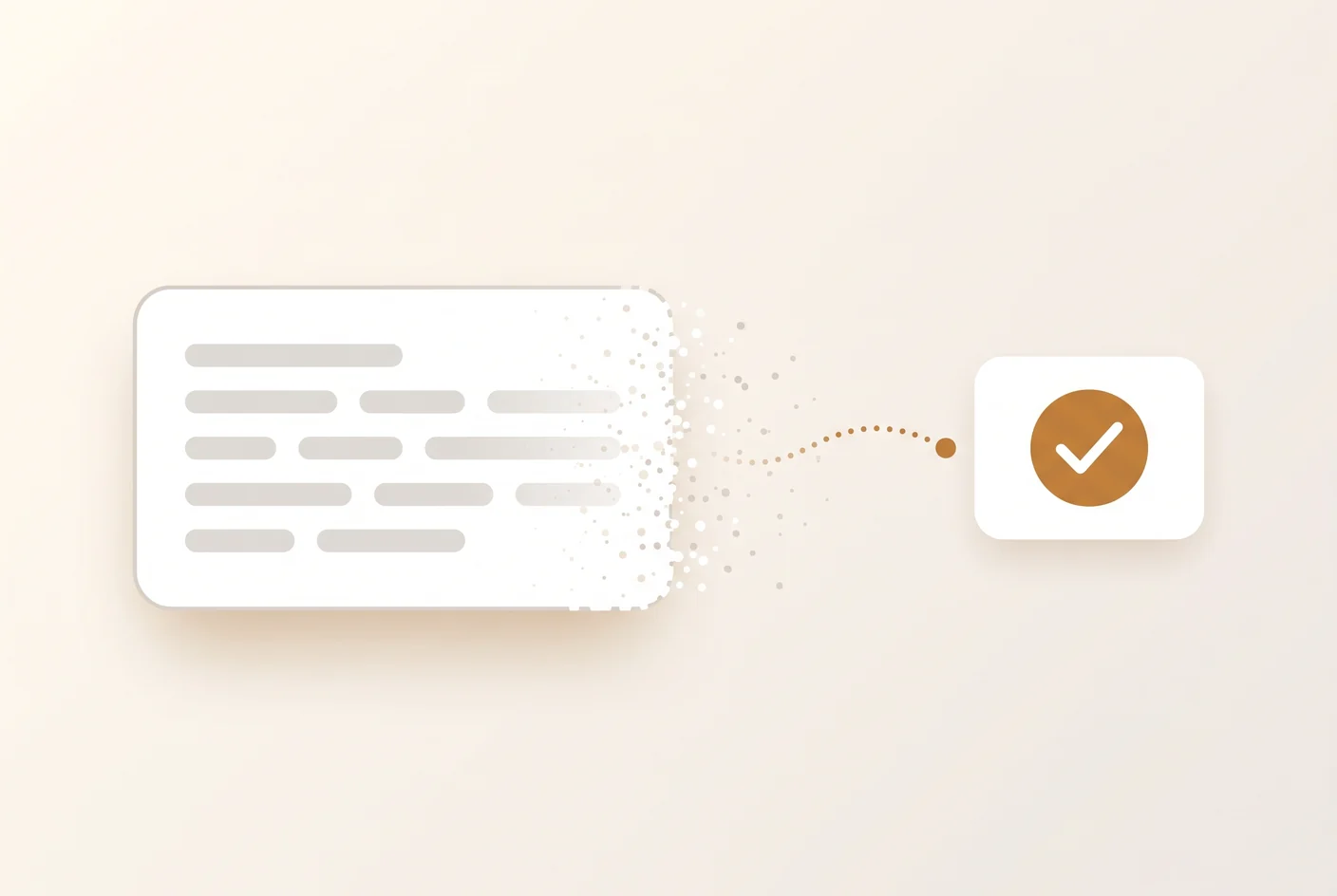 A message tile dissolves into dots beside an intact tile carrying a completed caramel check