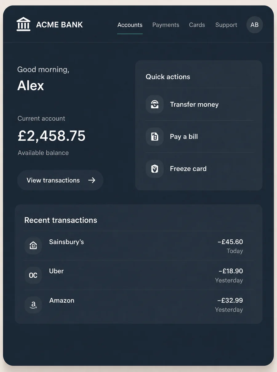 A dark navy retail banking app wearing the client brand